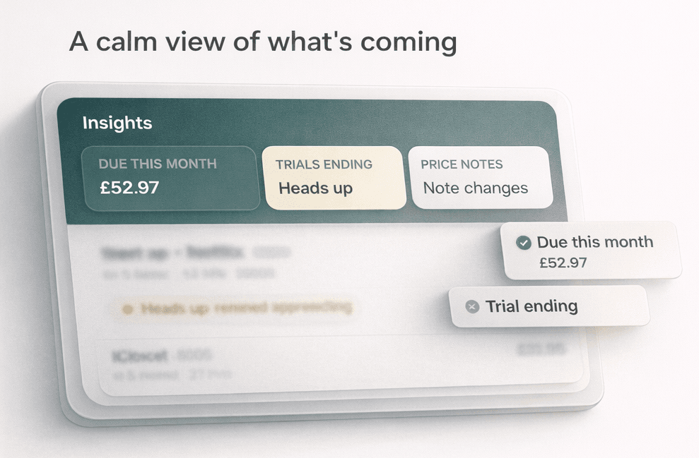 A calm view of what's coming - CalmSub dashboard showing upcoming payments and subscription insights